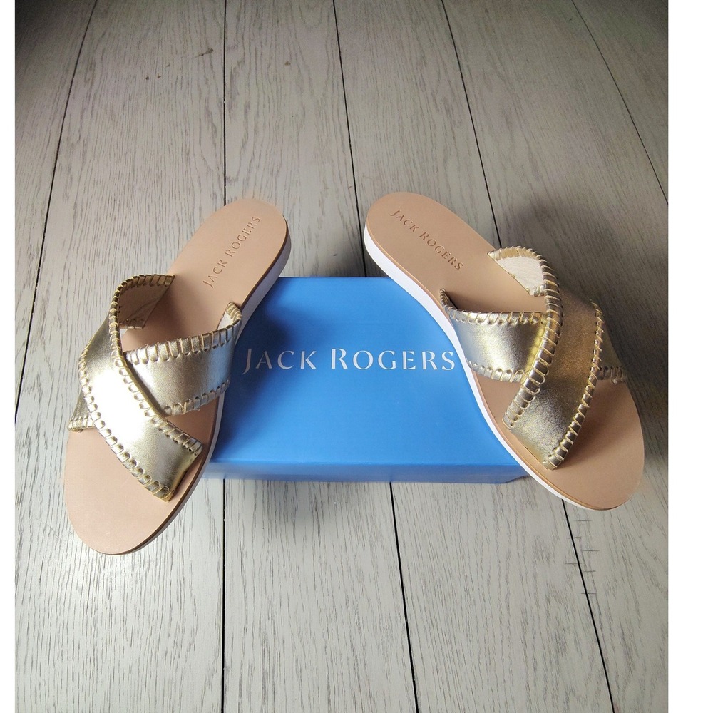 Jack Rogers Sloane X Band Boating Sandals Platinum Gold Metallic Leather 9.5 - Picture 1 of 5